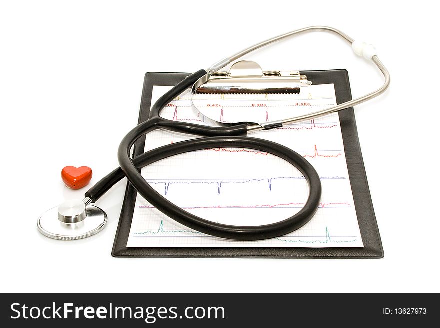 Cardiogram with stethoscope and heart on a white background for your illustrations