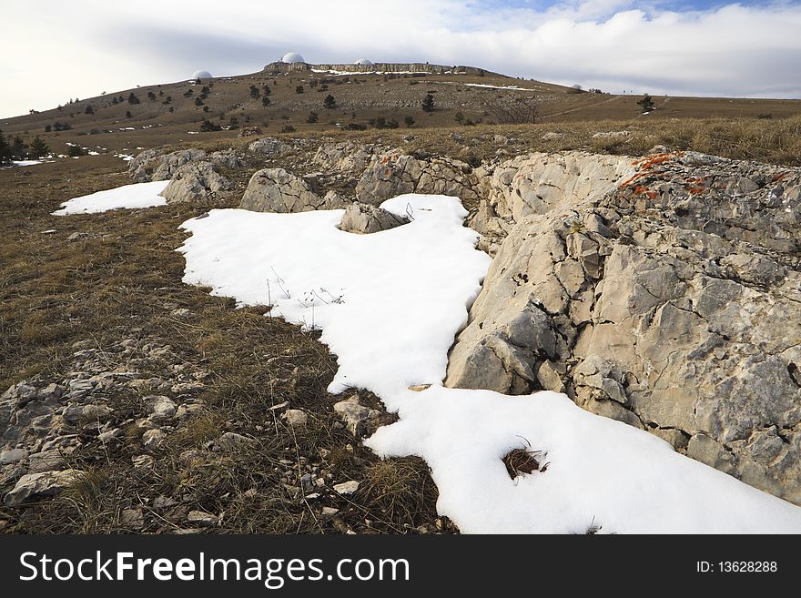 View of last snow mountains and meadows