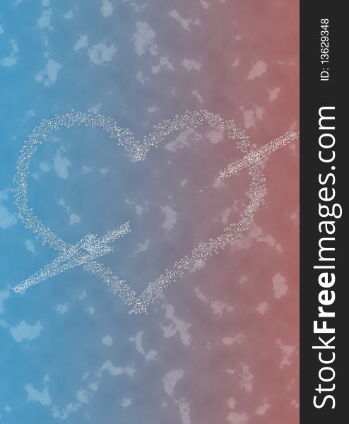 Water drops heart with arrow on red and blue background meaning love