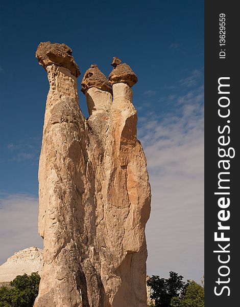 Pillars of the Valley near Goreme in Cappadocia, Turkey.