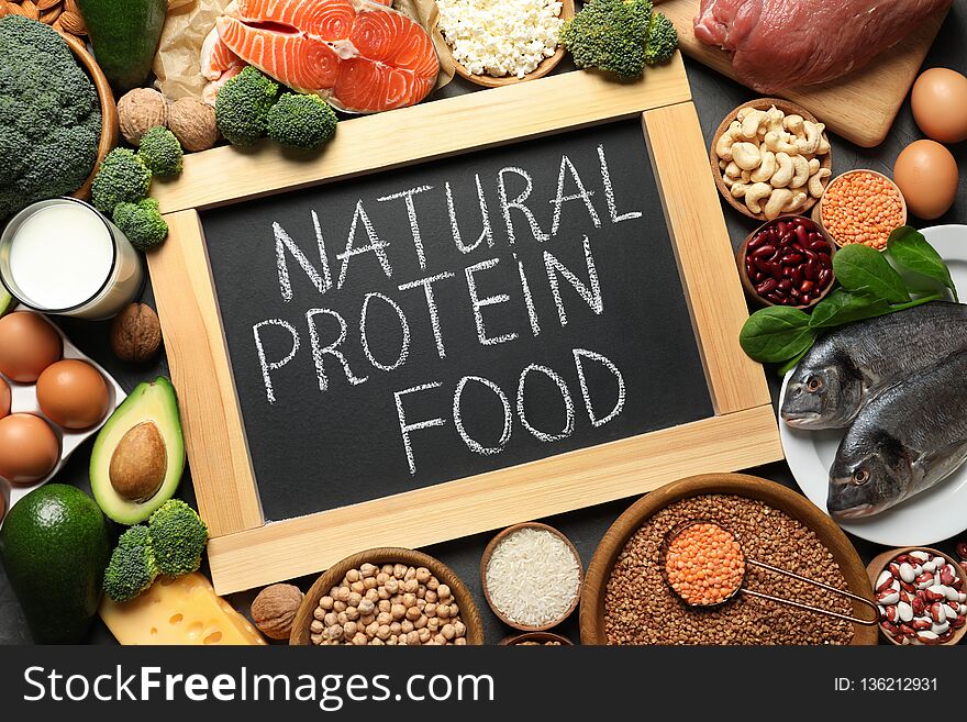 Chalkboard With Written Text Natural Protein Food Among Products