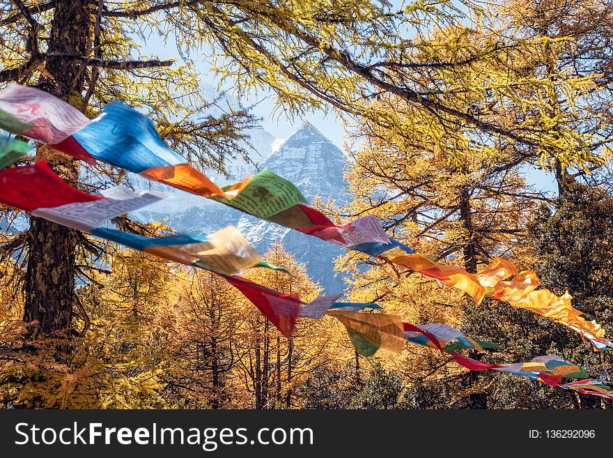 Sacred Xiannairi mountain with colorful prayer flags blowing in forest