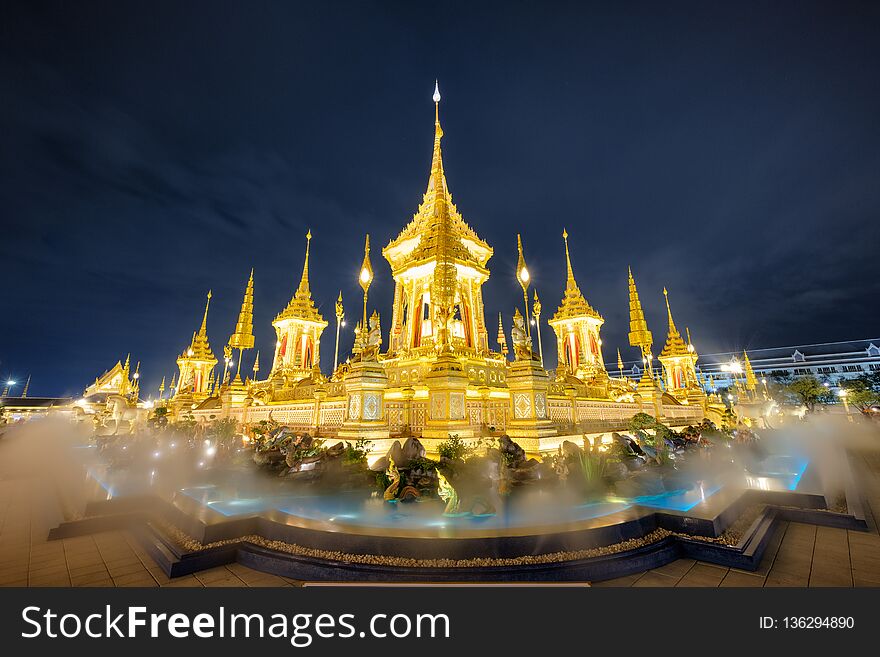 Bangkok, Thailand - Nov 20 2017 : The Royal Crematorium architecture for HM King Bhumibol Adulyadej at Sanam Luang at night