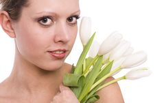 Young Woman With White  Tulips Stock Image