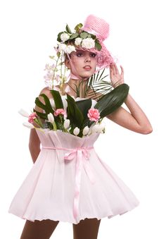 Fashion Woman Is Bunch Of Flowers. Stock Photo Fashion Woman Is Bunch Of Flowers. Stock Photo
