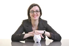 Business Woman Putting Money Coins In Piggy Bank Royalty Free Stock Photos Business Woman Putting Money Coins In Piggy Bank Royalty Free Stock Photos