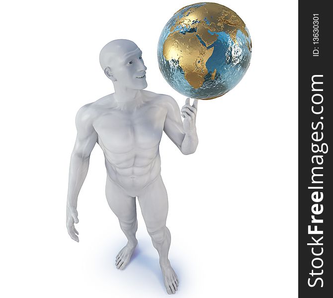 Man holding the globe on his finger. with clipping path.