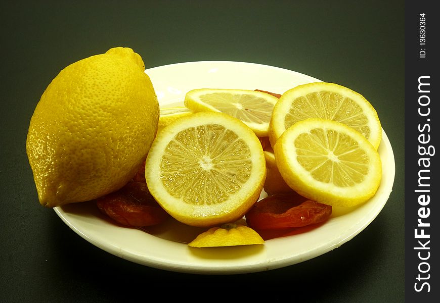 Juicy fragrant lemons, apricot, banana for fruit salad. Juicy fragrant lemons, apricot, banana for fruit salad