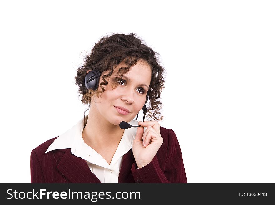 Successful businesswoman is speaking over the headset with a microphone. How can i help you? Face of young charming confident woman with headset. Successful businesswoman is speaking over the headset with a microphone. How can i help you? Face of young charming confident woman with headset.