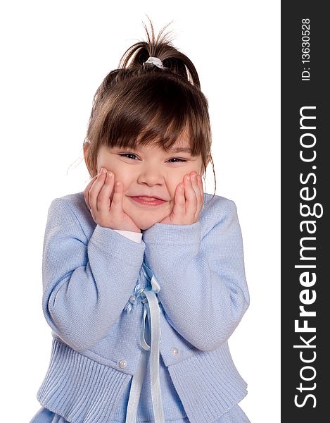 Happy little girl. Funny child isolated on white background. Beautiful caucasian model.