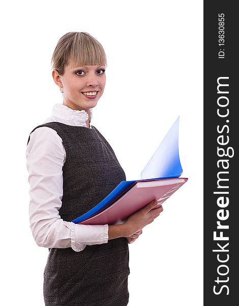 Happy successful business woman is holding folders . Young business girl with documents. Isolated over white background. Happy successful business woman is holding folders . Young business girl with documents. Isolated over white background.