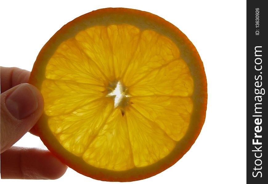 Orange in hand on white background