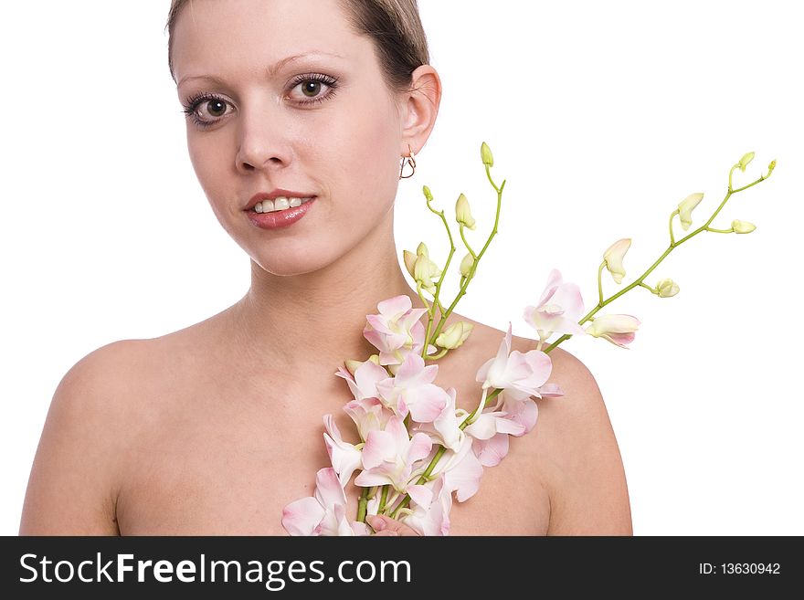 Pretty young woman portrait with orchid. Beautiful nice female face with health skin - white background. Girl on spa with flower.