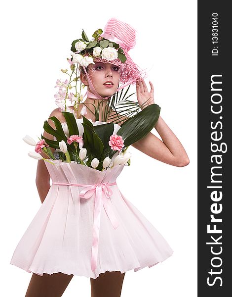 Fashion Woman Is Bunch Of Flowers.