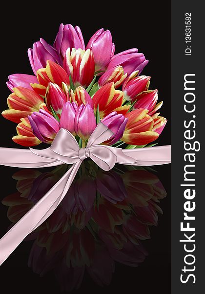 Bunch of spring tulips with bow and reflection isolated on black background in vector format. Bunch of spring tulips with bow and reflection isolated on black background in vector format