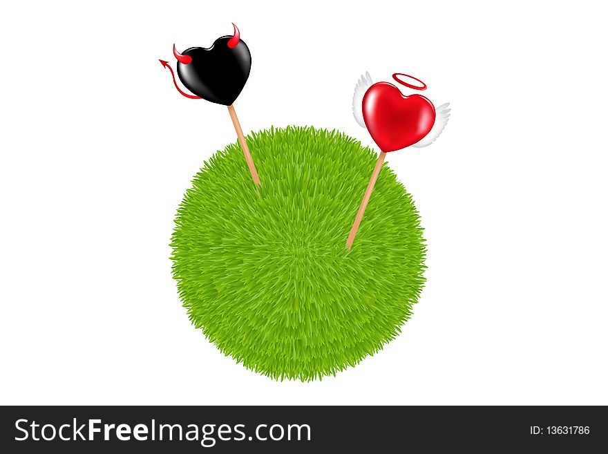 Two lollipops with heart shape like a devil and angel in a Ball of Green Grass. Two lollipops with heart shape like a devil and angel in a Ball of Green Grass