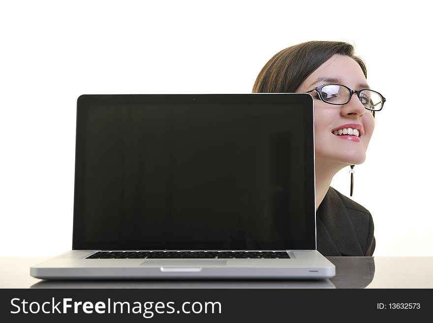 Business Woman Working On Laptop Isolated On White