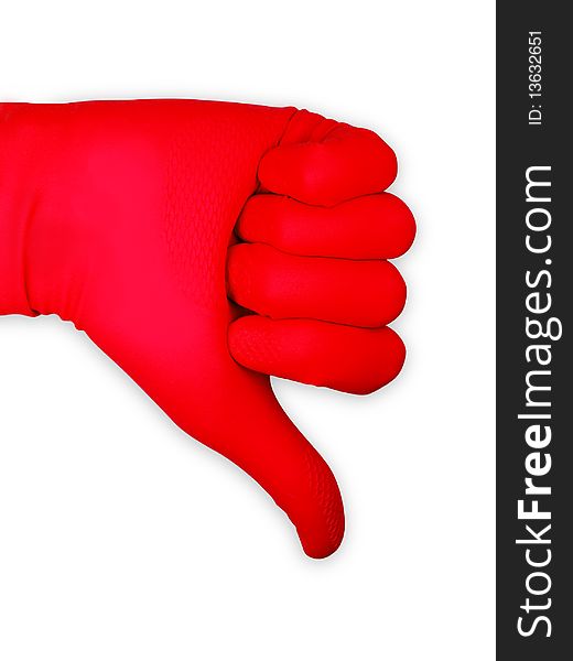 Hand in a red rubber glove. Isolated on white background. Hand in a red rubber glove. Isolated on white background