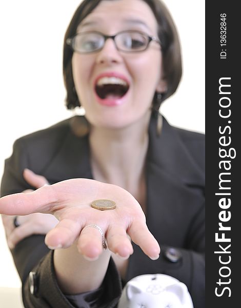 Business Woman Putting Money Coins In Piggy Bank