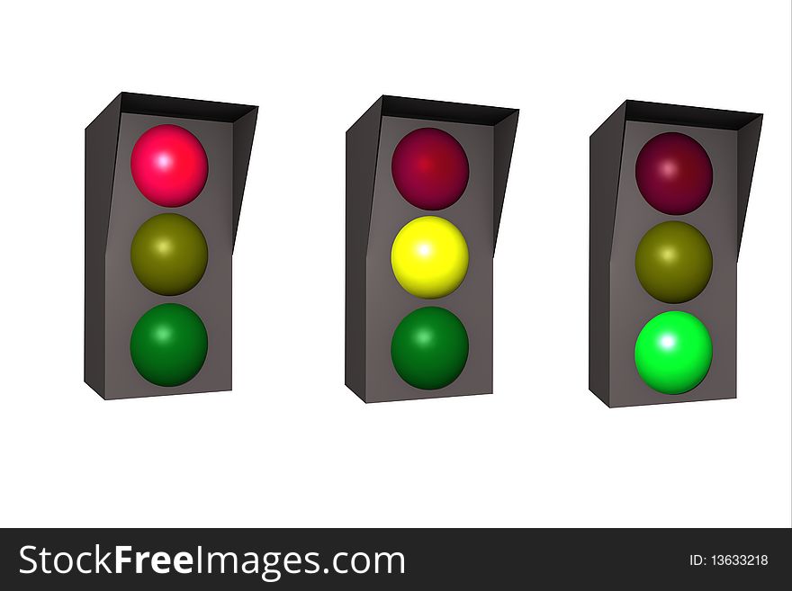 Plain 3d traffic lamps with red,yellow and green lamps on. Plain 3d traffic lamps with red,yellow and green lamps on