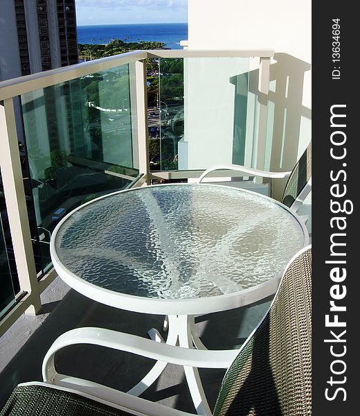 A view of the hotel  balcony table and chair in Hawaii. A view of the hotel  balcony table and chair in Hawaii.