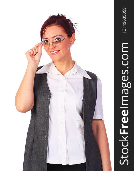 Businesswoman with eyeglasses in vest smiling, isolated on white. Businesswoman with eyeglasses in vest smiling, isolated on white