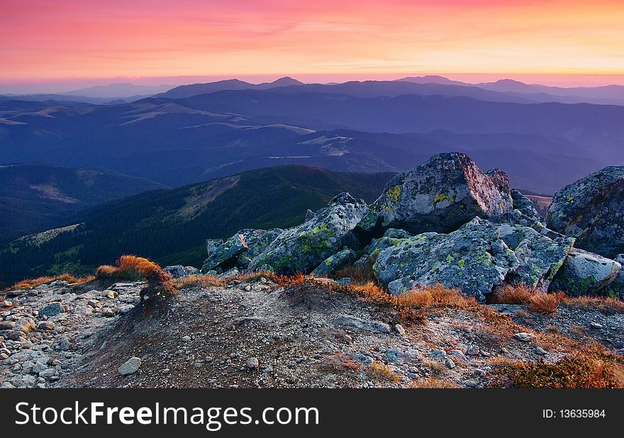 Dawn in mountains Karpati, Ukraine. Autumn morning