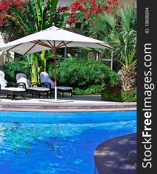 A shady place to lounge and relax poolside at an exclusive spa resort in the Middle East. A shady place to lounge and relax poolside at an exclusive spa resort in the Middle East.