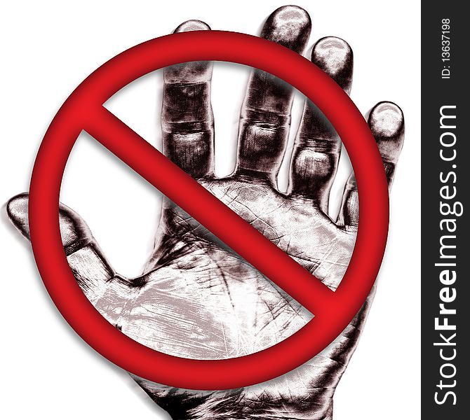 An image showing a no entry or no admittance red sign, on a white background, with a 3D effect in the symbol area, and with the palm of a human hand print held out behind it. An image showing a no entry or no admittance red sign, on a white background, with a 3D effect in the symbol area, and with the palm of a human hand print held out behind it.