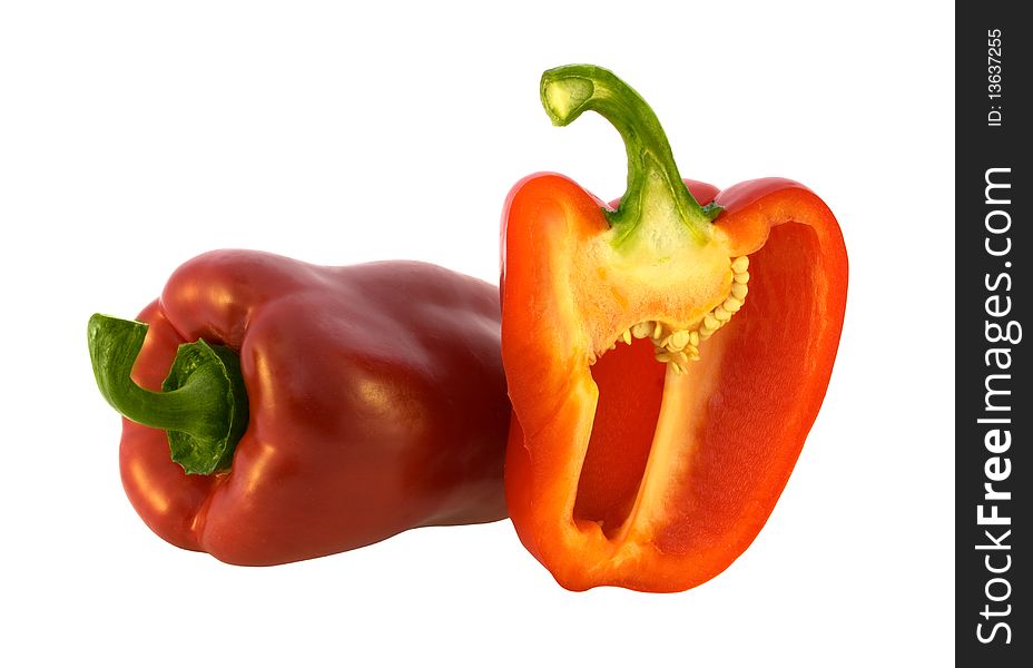 Fresh ripe red bell pepper on white