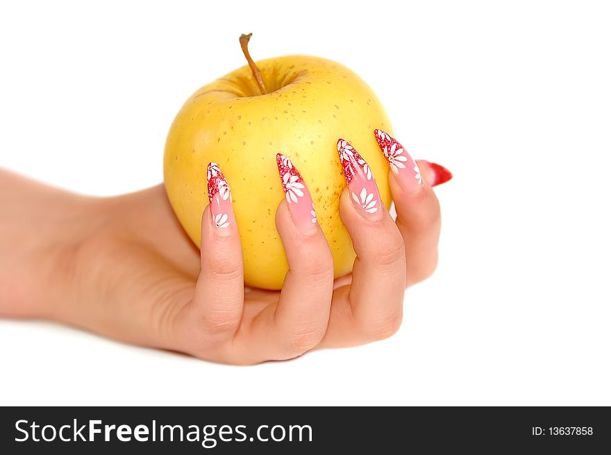 Hand, holding an apple on white