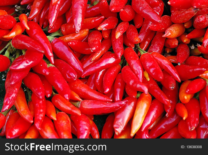 A pile of red chili peppers. A pile of red chili peppers