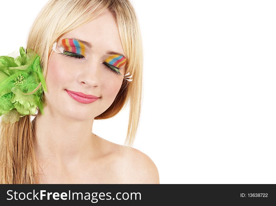 Portrait of a beautiful blonde woman with colorful make-up on white background. Portrait of a beautiful blonde woman with colorful make-up on white background