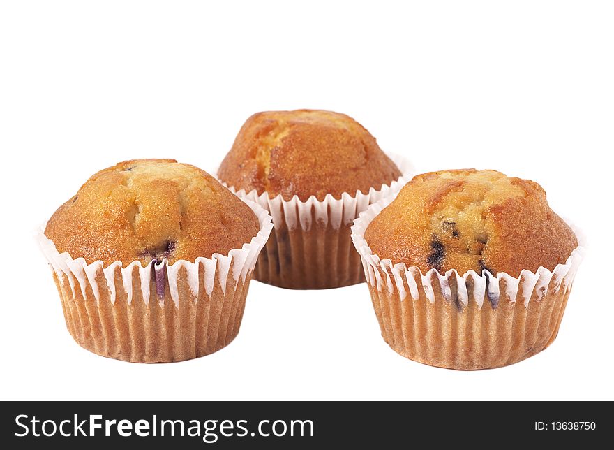 Freshly baked blueberry muffins isolated on white background. Freshly baked blueberry muffins isolated on white background