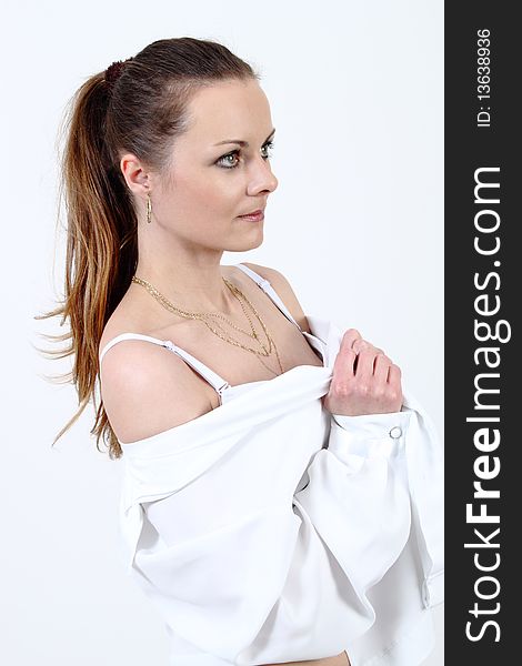 Fashion portrait of beautiful Woman clothet to white top