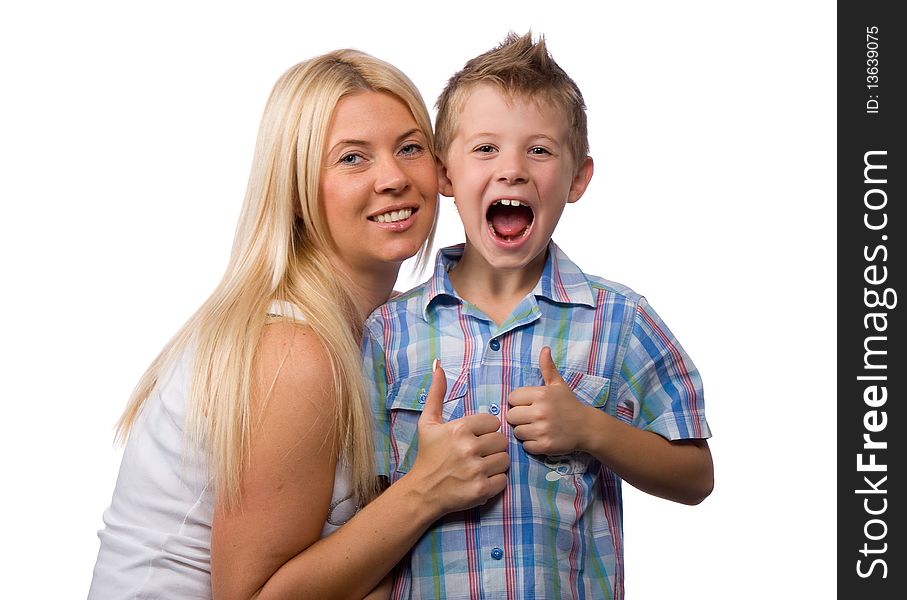 Smiling beautiful young woman with blond hair and a little boy in a blue shirt shows that they were all well. Smiling beautiful young woman with blond hair and a little boy in a blue shirt shows that they were all well