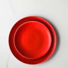 Empty Red Plate On Marble - Recipe And Restaurant Mockup Flatlay Concept Stock Photos Empty Red Plate On Marble - Recipe And Restaurant Mockup Flatlay Concept Stock Photos