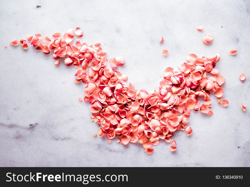 coral rose petals on marble, color of the year - flower backgrounds and holidays concept