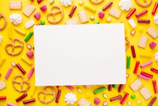 Sweets Flat Lay On Yellow Background Stock Images