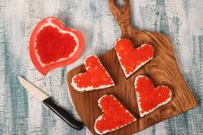 Sandwiches With Red Caviar And Cream Cheese In The Shape Of A Heart For Valentine`s Day Royalty Free Stock Image