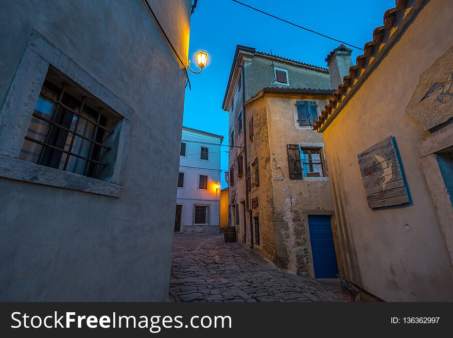 Street of Old Town Groznjan, Istria, Croatia, photographed with my Nikon D750 at Winter afternoon and blue Hour. Street of Old Town Groznjan, Istria, Croatia, photographed with my Nikon D750 at Winter afternoon and blue Hour.