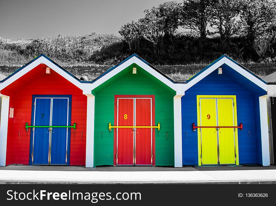 Isolated colours, Beach Huts at British seaside, colour pop, vivid, art, fine,