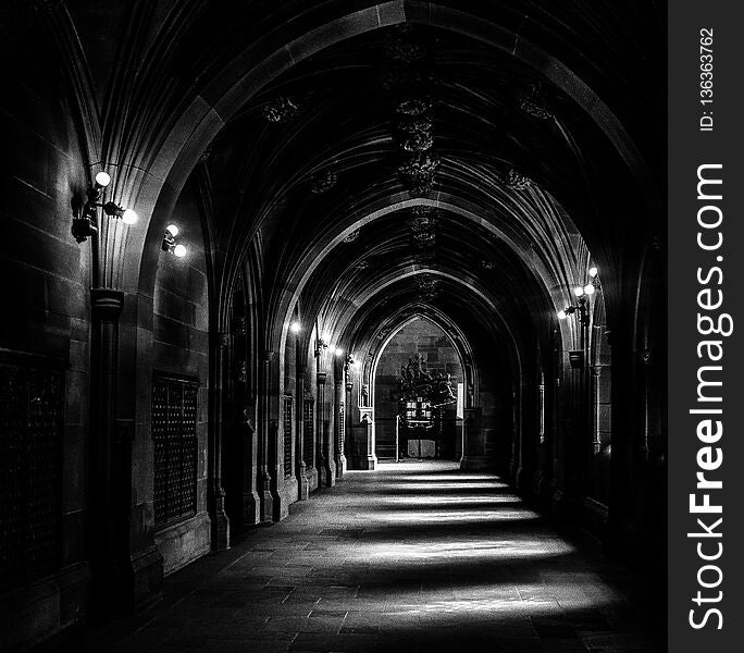 Medival looking corridor stunning light from arched windows, black and white, fine art, natural light