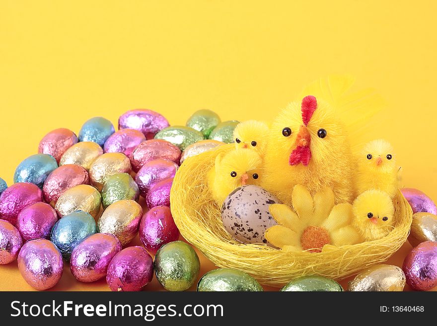 Easter Eggs And  Over Yellow