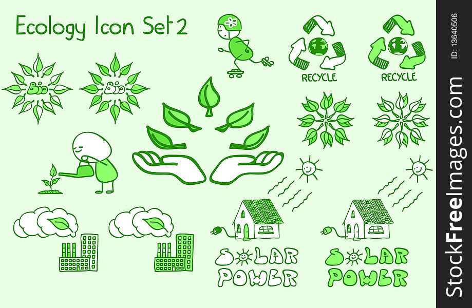 A cute handdrawn ecology icon set in a doodle style. A cute handdrawn ecology icon set in a doodle style