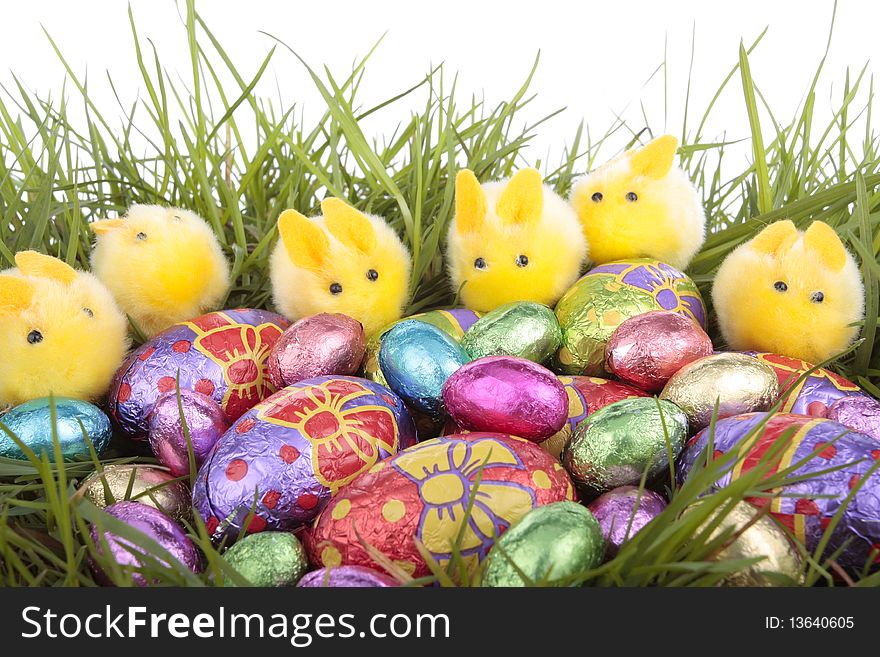 Easter bunnies and egg over white background. Easter bunnies and egg over white background