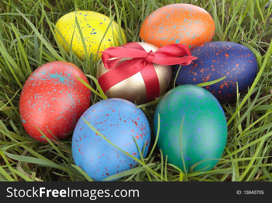 Colored easter  eggs on grass over white