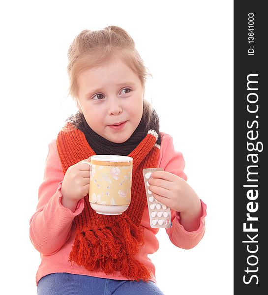 Sick girl in a scarf on a white background. Sick girl in a scarf on a white background.