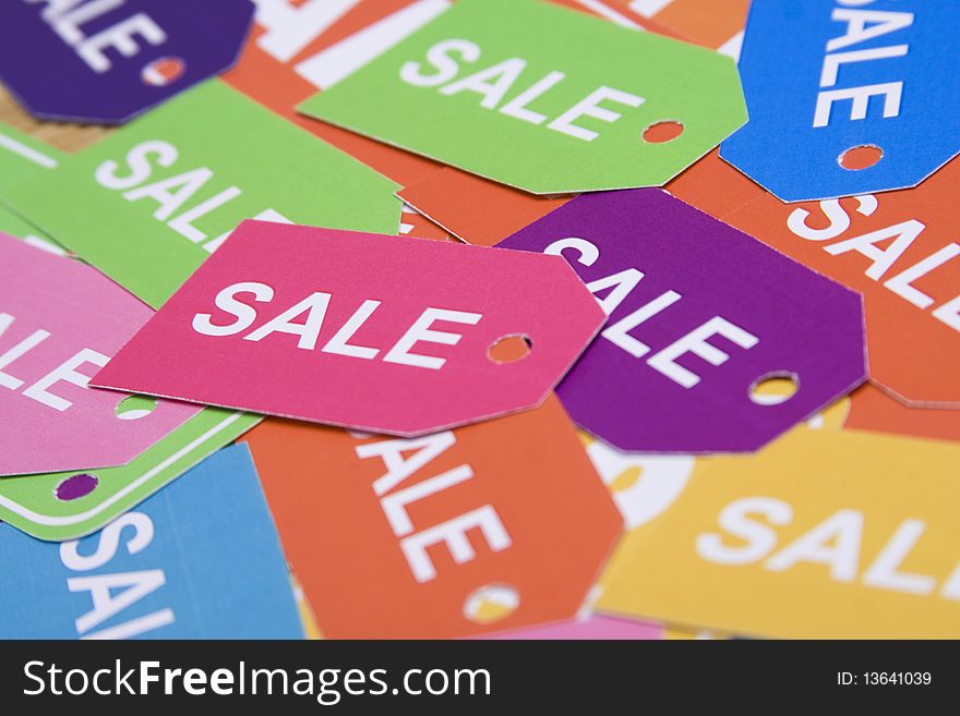 Sales, lots of colorful labels lying on the surface