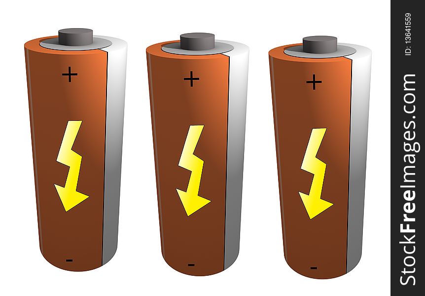 Three 3d batteries with lightning symbol. Three 3d batteries with lightning symbol